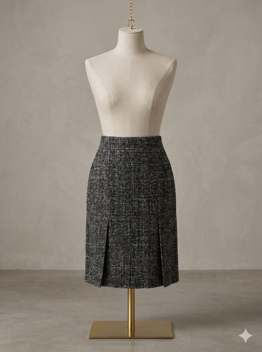 Celine Wool Tweed Pencil Skirt Black White Textured Grid Pattern Luxury Career